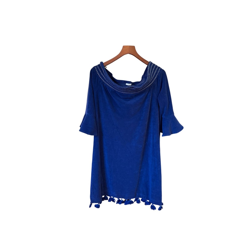 CABANA LIFE  XL Navy Blue Embroidered Off The Shoulder Dress Stretch Beach Cover